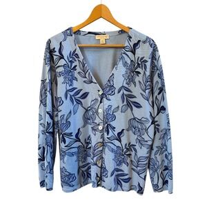 Pretty Blue Floral Wmn Appleseeds V-Neck Casual Cardigan Sweater Petite Large PL